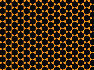 This image displays a high-contrast geometric pattern featuring a repeating tessellation of shapes. Black hexagons form the primary grid, with bright orange triangles interlocking each hexagon 