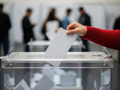 Person casting a vote in a transparent ballot box