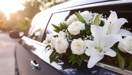 Elegant Wedding Car Decoration with White Flowers and Greenery.