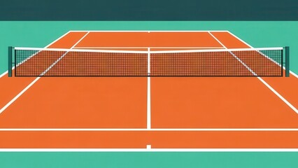 Empty Red Clay Tennis Court with Net Ready for Professional Match Play