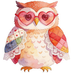 A cute owl with heart shape glasses and beautiful patches on its body looks charming and lovable.