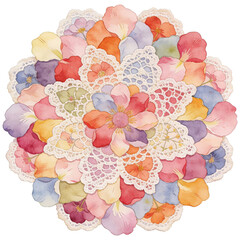 A watercolor-like arrangement of delicate, multi-colored petals, forming a beautiful mandala, centered on elegant lace, evokes a sense of harmony and aesthetic beauty.