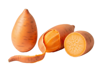 A whole, partially peeled, and bisected orange sweet potato showing vibrant flesh and peel, meticulously arranged on a transparent background with copy space, concept of fresh culinary prep