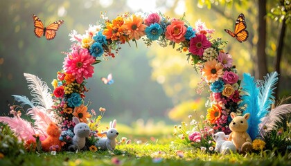 Enchanting Floral Archway with Butterflies and Plush Animals in a Dreamy Garden.