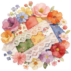 A vibrant watercolor artwork showcases a handmade quilt, adorned with delicate lace and a colorful array of surrounding floral blooms, creating a delightful scene.