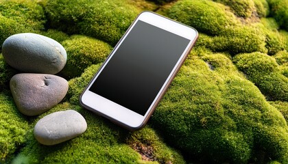smartphone resting on vibrant green moss with natural stones