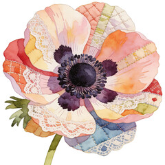 A watercolor depiction of a whimsical anemone flower, meticulously crafted with various fabric patterns, creating a unique texture, with detailed watercolor painting.