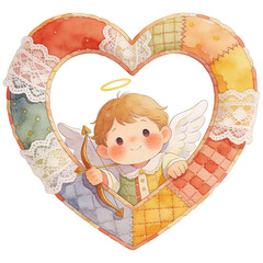 An adorable Cupid figure, nestled inside a beautifully crafted heart-shaped frame, delicately clutches a bow and arrow. This whimsical watercolor artwork captures the essence of love and tenderness.