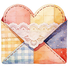 A heartwarming watercolor image featuring a quilted heart peeking out from a colorful patchwork envelope, adorned with delicate lace trim, evokes feelings of love and affection. 
