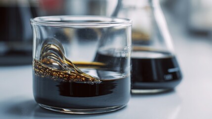 laboratory analysis of used motor oil, dark liquid in glass beaker, clean scientific environment, minimalistic composition, automotive chemistry theme