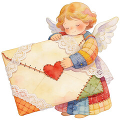 A gentle angel tenderly cradles a heartwarming love letter, a vibrant and heartwarming illustration, sharing an emotion of care.