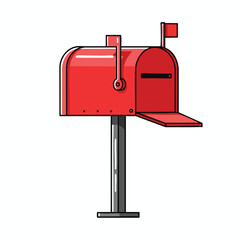 A red, stylized mailbox with an open door and flag. It stands on a post