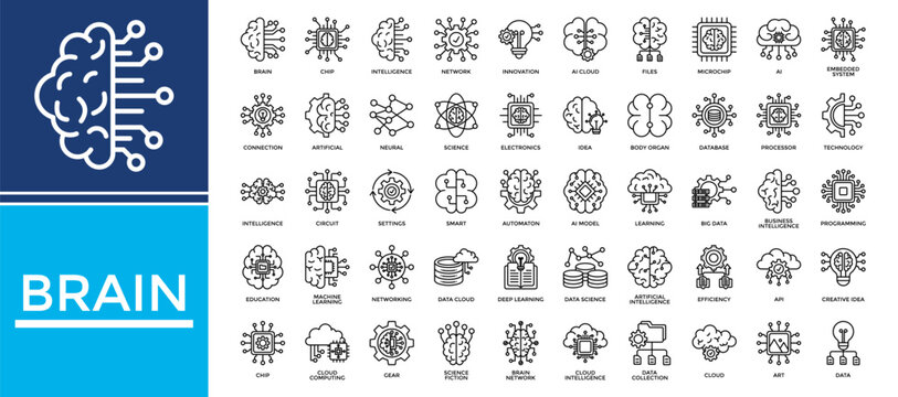 Brain icon set collection. Containing organ, mind, database, efficiency, networking, computing, intelligence .Line vector icons collection