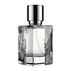 Luxury perfume bottle with silver cap on black background