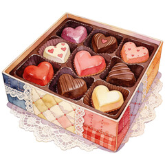 A delightful watercolor illustration showcases a decorative box filled with heart-shaped chocolates, evoking a sense of romance and indulgence.