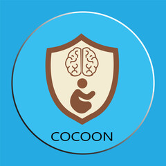 Mental Health and Prenatal Protection Concept Icon - Shield with Brain and Fetus Symbol on Blue Background