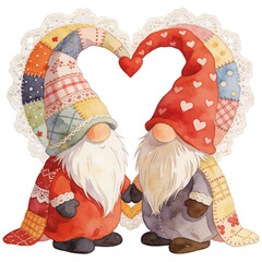 Two charming gnomes, with heart-shaped hats, stand hand-in-hand in a gesture of love and unity, perfect for conveying themes of affection, companionship, and the spirit of romance.