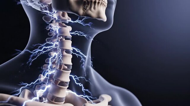 Human Anatomy Skeleton Model Detailed View of Vertebral Column, Skull, and Spinal Structure in a Modern Scientific Setting