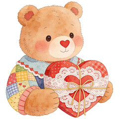 A cuddly, watercolor teddy bear clutching a heart-shaped gift box, symbolizing love and affection in a charming, illustrated composition.