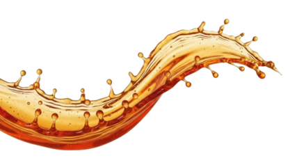 Golden honey wave, rich amber, glossy, viscous, mid-splash with radiating spherical droplets, macro shot on transparent studio background, concept for luxury food advertising