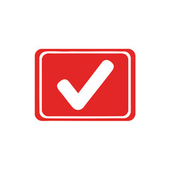 A white checkmark inside a red rounded rectangle, set against a white background