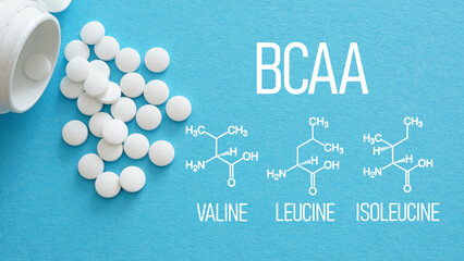 BCAA branched-chain amino acids - valine, leucine and isoleucine are shown using pills with a text and chemical formula