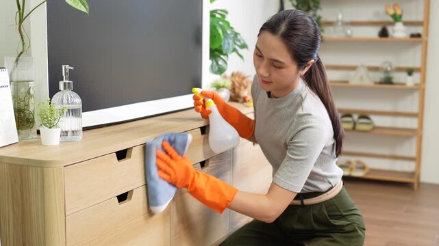 A young woman wearing protective gloves cleans a wooden cabinet and television screen with a spray bottle and cloth, representing home cleaning, housekeeping, and household hygiene in a modern living 