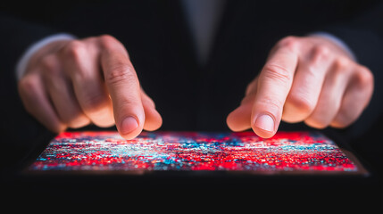 Hands touching glowing abstract digital data screen, concept of financial analysis, big data, stock trading or coding interface