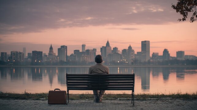 Man Sitting Bench City Skyline Dusk
