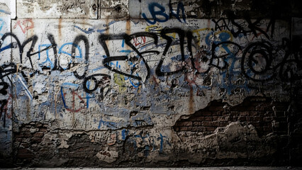 Urban Graffiti Wall with Vibrant Street Art in Rainy City Atmosphere