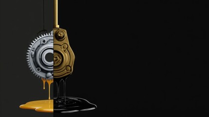 oil change process concept, contrast between clean engine metal and dark working oil, minimalistic technical composition
