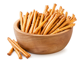 Pretzel sticks in a wooden plate on a white background. Isolated