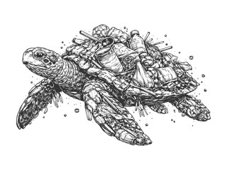 Sea turtle carrying ocean waste illustrated in detailed black and white engraving style, environmental conservation vector artwork highlighting marine pollution issues