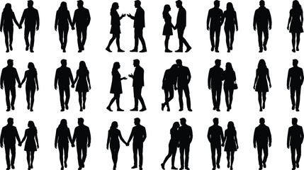 Collection of black silhouette couples and individuals in diverse poses, ideal for relationship, social interaction, and emotional body language themes © MSTNASRIN