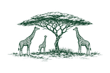 Giraffes standing under an acacia tree illustrated in detailed hand drawn engraving style, peaceful African savanna wildlife vector artwork for nature design