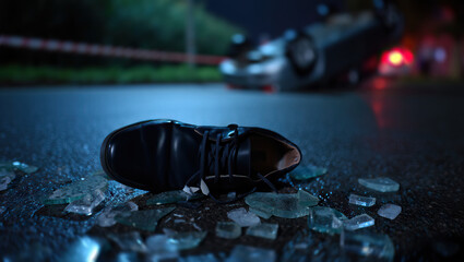 Nighttime Vehicular Accident Scene with Overturned Car and Debris