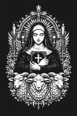 Gothic religious woman holding bible illustrated in ornate black and white engraving style, sacred and dark spiritual artwork for symbolic and fantasy design