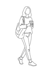 Fototapeta premium Casual young woman walking while sipping coffee with backpack 