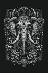 Ornamental elephant illustration in detailed black and white engraving style, majestic animal artwork with floral elements for tattoo and poster design