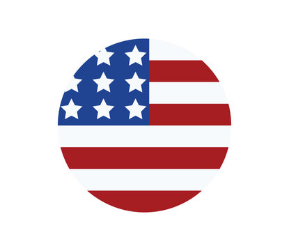 Round flat vector icon of United States flag featuring stars and stripes in red white and blue isolated on white background