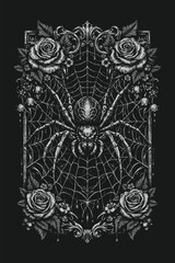 Gothic spider web with roses illustration in detailed black and white engraving style, dark ornamental artwork for tattoo, poster, and apparel design