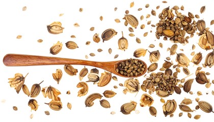 A wooden spoon filled with cardamom seeds and pods scattered on a white background.