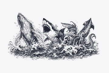 Large marine animals leaping from the ocean surface illustrated in detailed black and white engraving style, dynamic wildlife vector artwork for nature themed design