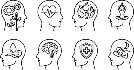 line drawn human heads with thoughts and emotions  mental health icons