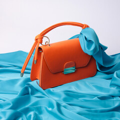 Vibrant orange leather handbag with top handle on draped turquoise silk fabric. Elegant structured purse with gold hardware and knotted detail. High-contrast luxury fashion product photography.