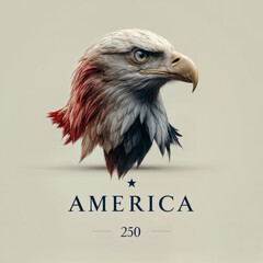 Realistic bald eagle head with American flag color accents red white blue patriotic emblem design for America 250 semiquincentennial celebration anniversary symbol isolated on light background