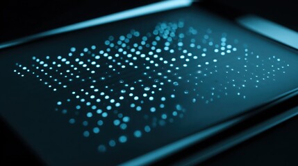 Smart device screen combined with raised Braille dots overlay, futuristic interface, soft blue ambient light, concept of inclusive digital