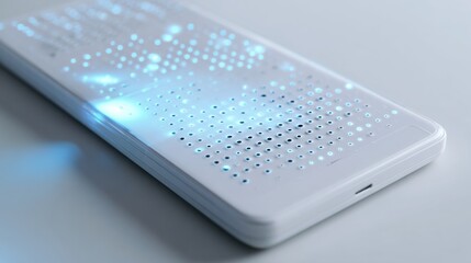 Smart device screen combined with raised Braille dots overlay, futuristic interface, soft blue ambient light, concept of inclusive digital
