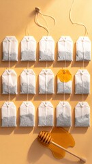 Arrangement of Tea Bags with a Honey Dipper on a Warm Yellow Background