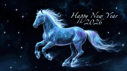 Obraz premium Neon Polygon Horse Running in Blue Glow Happy New Year 2026 Digital Illustration.